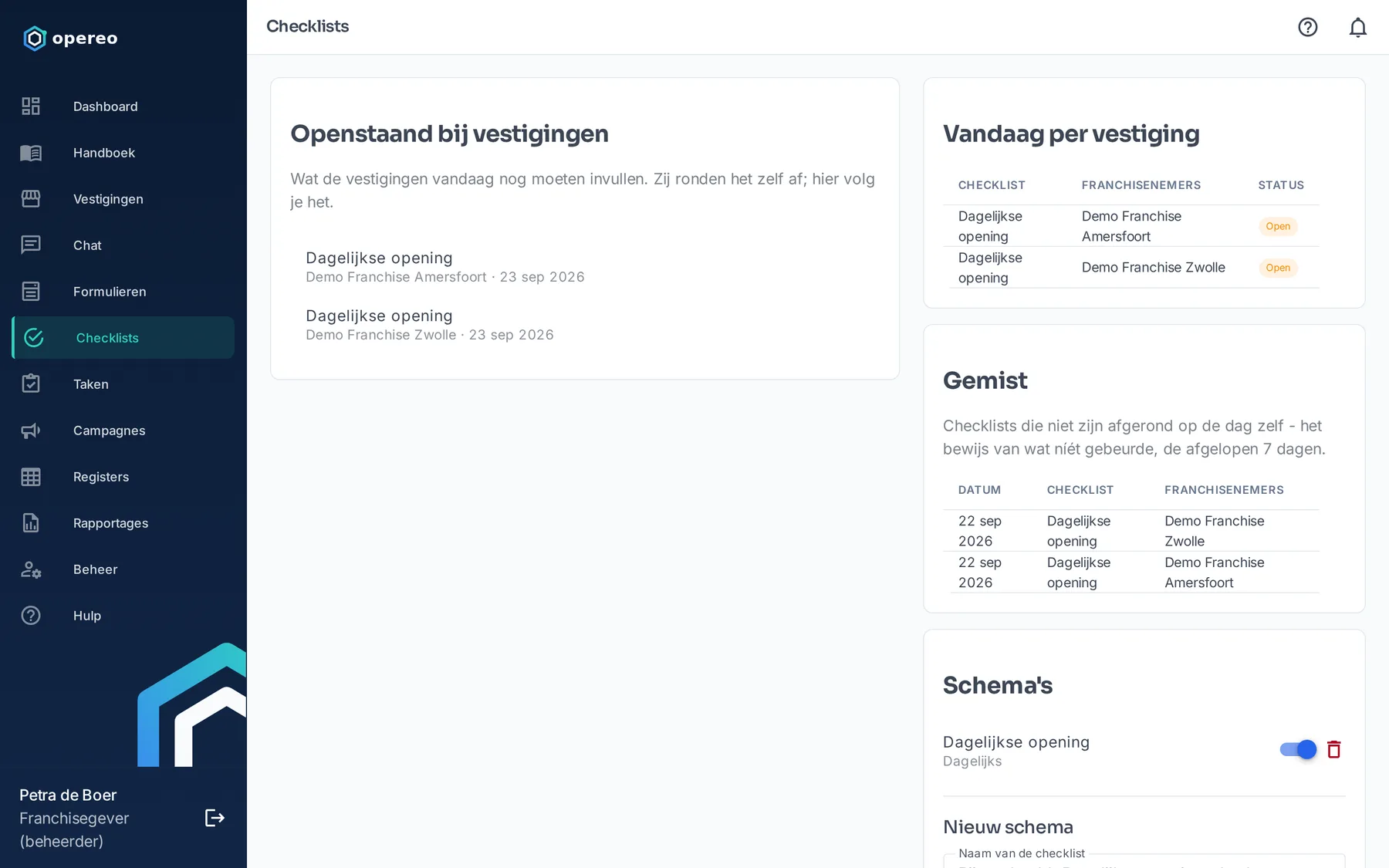 Checklists per vestiging in Opereo