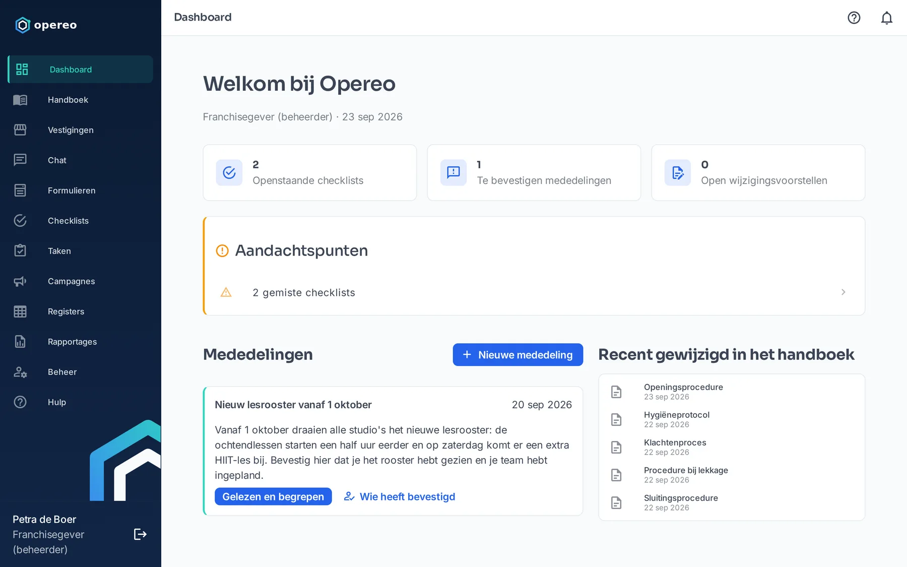 Het dashboard van Opereo met aandachtspunten, mededelingen en recente wijzigingen in het handboek